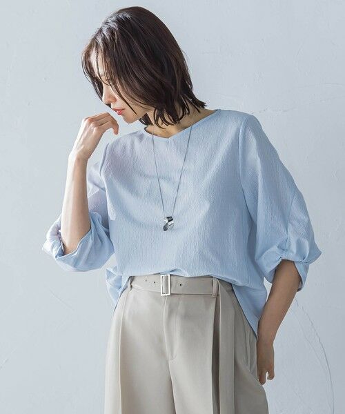 LAUTREAMONT/ロートレアモン フォルムスリーブVネックカットソー≪洗濯機で洗える≫ ライトブルー 9号 LAUTREAMONT/ロートレアモン フォルムスリーブVネックカットソー≪洗濯機で洗える≫ ライトブルー 9号