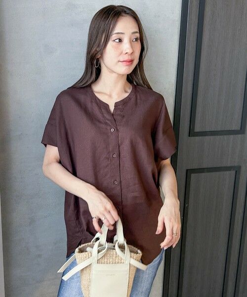 LAUTREAMONT/ロートレアモン 【WEB限定】レーヨンリネンポプリンVネックブラウス ブラウン 9号