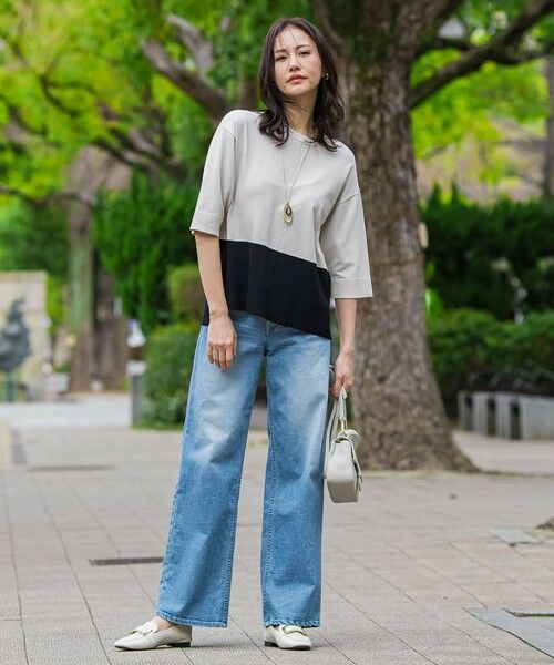 LAUTREAMONT / ロートレアモン ニット・セーター | クルーネック五分袖ニット≪WEB限定サイズ11号/WEB限定カラーあり/洗える≫（ブロッキング(ベージュ)）