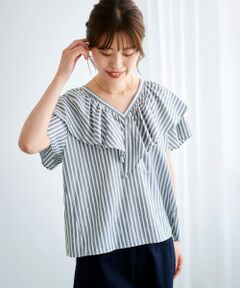 le.coeur blanc / ルクールブラン シャツ・ブラウス | ストライプフリルカラーVネックブラウス