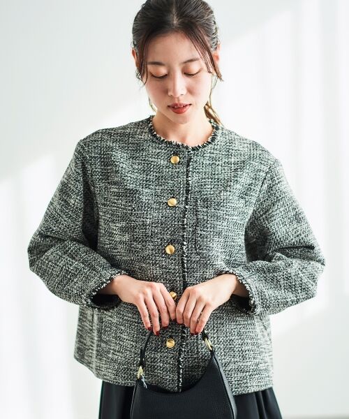 le. coeur blanc/ルクールブラン メランジツイードノーカラージャケット ブラック柄 38 le. coeur blanc/ルクールブラン メランジツイードノーカラージャケット ブラック柄 38