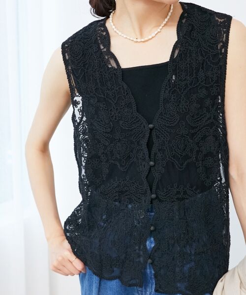 le. coeur blanc/ルクールブラン 《手洗い可能》TORRAZZO DONNAメッシュレースベスト ブラック 38 le. coeur blanc/ルクールブラン 《手洗い可能》TORRAZZO DONNAメッシュレースベスト ブラック 38