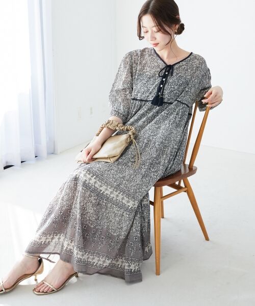 Rene ルネ 23ss フラワー刺繍 リネン フレアワンピース 38 パール マルチ刺繍フレアワンピース｜グレースコンチネンタルの通販