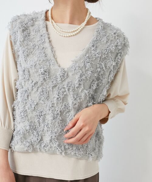 le. coeur blanc/ルクールブラン フリンジ編みVネックベスト L/グレー 38 le. coeur blanc/ルクールブラン フリンジ編みVネックベスト L/グレー 38