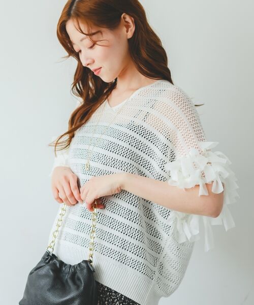 le.coeur blanc / ルクールブラン ニット・セーター | 透かし編みリボンVネックフレンチ | 詳細2