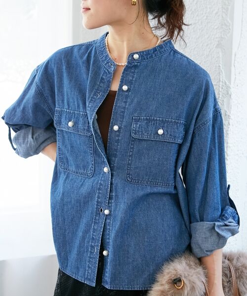 le.coeur blanc / ルクールブラン シャツ・ブラウス | スタンドネックパールボタンシャツ（ブルー）