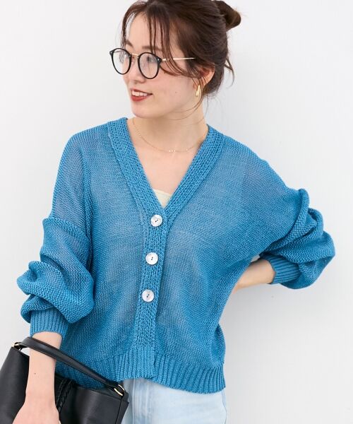 le.coeur blanc / ルクールブラン カーディガン・ボレロ | ペーパーヤーンVネックカーディガン（ブルー）