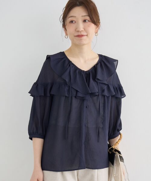 le.coeur blanc / ルクールブラン シャツ・ブラウス | Vネックダブルフリルブラウス（ネイビー）