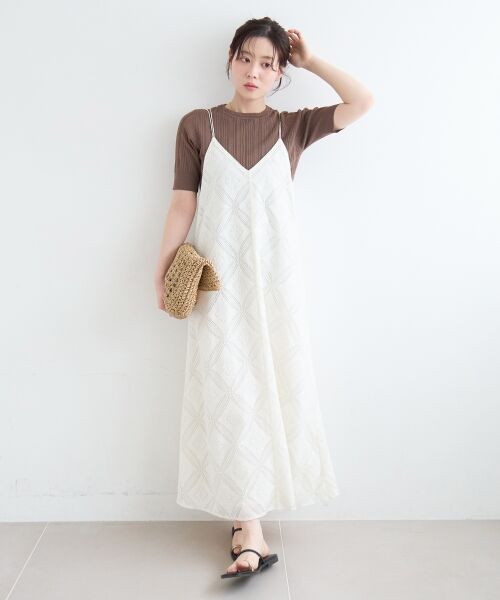 le.coeur blanc / ルクールブラン ロング・マキシ丈ワンピース | パッチワーク風レースキャミワンピース（オフ）