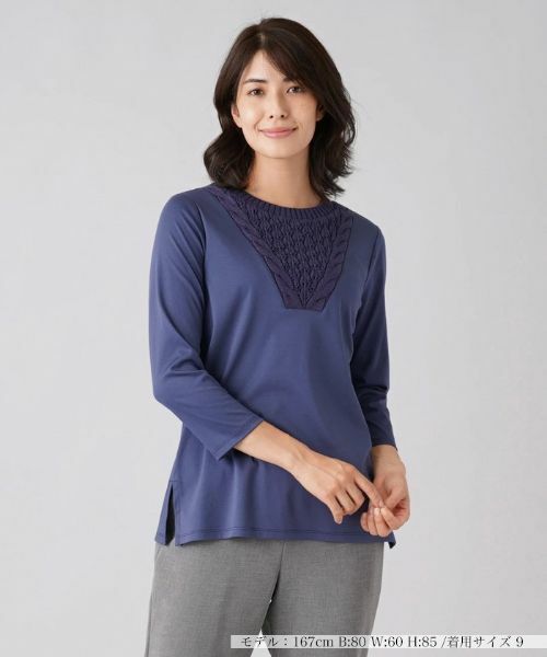 Leilian/レリアン 柄編みニット切替プルオーバー ネイビー系 9(M)