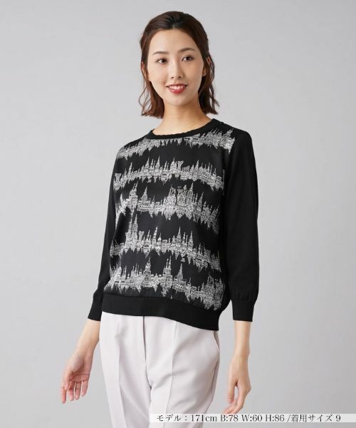 Leilian / レリアン ニット・セーター | フロント切替9分袖ニットプルオーバー(ブラック)