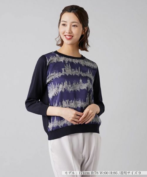 Leilian / レリアン ニット・セーター | フロント切替9分袖ニットプルオーバー(ブルー系)