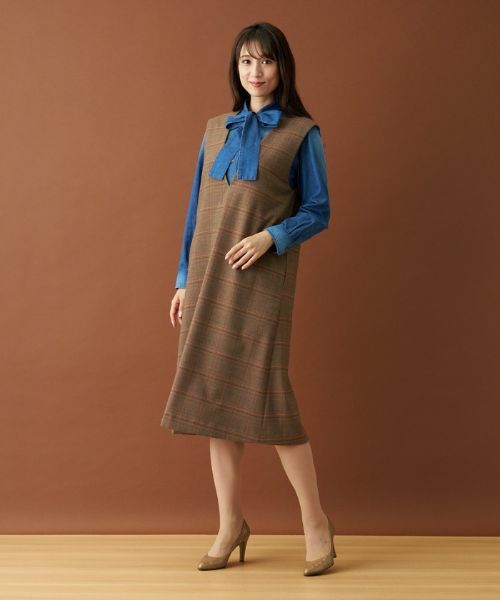 Leilian / レリアン ロング・マキシ丈ワンピース | チェックVネックジャンパースカート | 詳細12