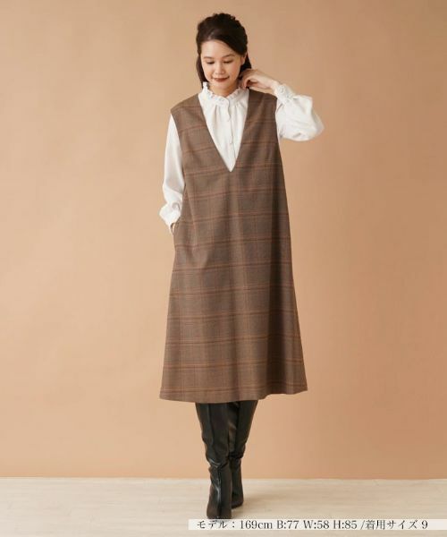 Leilian / レリアン ロング・マキシ丈ワンピース | チェックVネックジャンパースカート | 詳細22