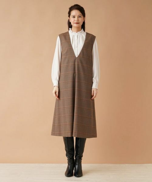 Leilian / レリアン ロング・マキシ丈ワンピース | チェックVネックジャンパースカート | 詳細25