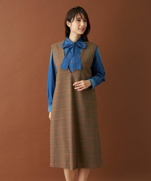 Leilian / レリアン ロング・マキシ丈ワンピース | チェックVネックジャンパースカート | 詳細5