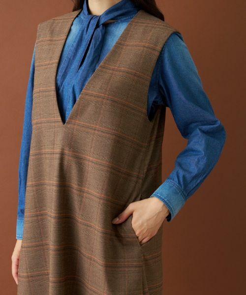 Leilian / レリアン ロング・マキシ丈ワンピース | チェックVネックジャンパースカート | 詳細9