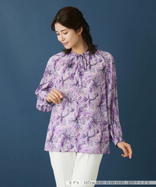 Leilian/レリアン フラワープリントリボンブラウス パープル 11(L)