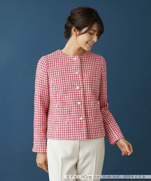 Leilian / レリアン テーラードジャケット | 千鳥格子柄ノーカラージャケット(レッド)