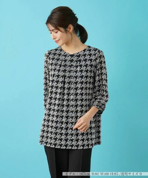 Leilian/レリアン 洗える千鳥格子柄刺繍プルオーバーブラウス【パワーネット素材】 ブラック 11(L)