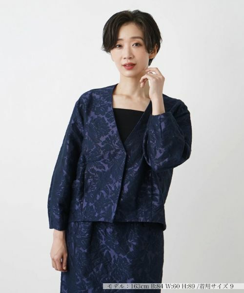 Leilian / レリアン テーラードジャケット | フラワーレースノーカラージャケット(ネイビー)