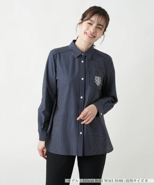 Leilian/レリアン 刺繍ストライプシャツ ネイビー 7(S)