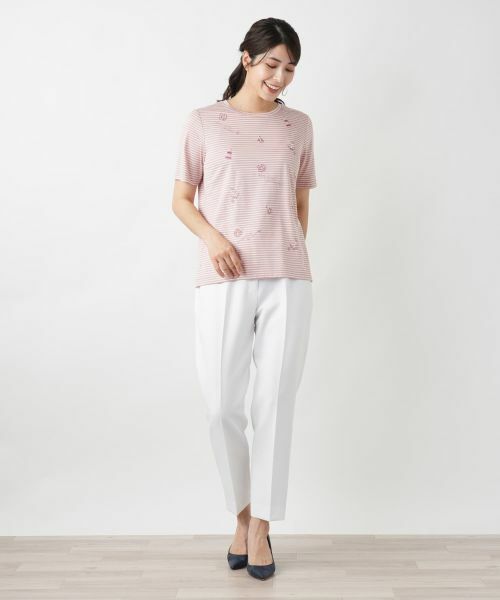 Leilian / レリアン カットソー | ナローボーダー刺繍Tシャツ | 詳細1