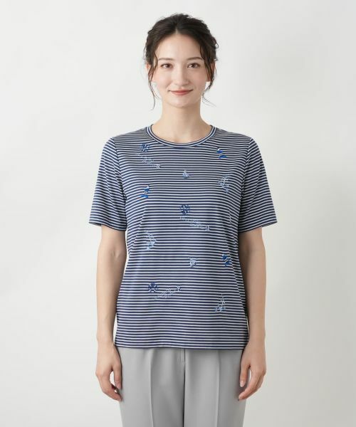 Leilian / レリアン カットソー | ナローボーダー刺繍Tシャツ | 詳細13