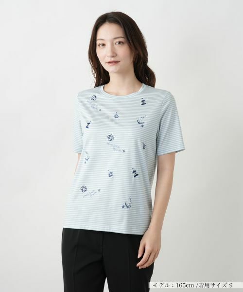 Leilian / レリアン カットソー | ナローボーダー刺繍Tシャツ(サックスブルー)