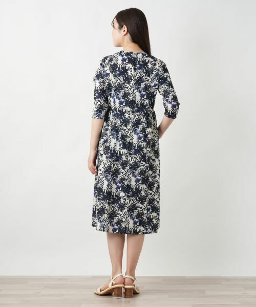 美品 レリアン Leilian ダマスク柄 フレアワンピース ブルー 洗える プリントフレアワンピース【Leilian WHITE LABEL】|レリアン