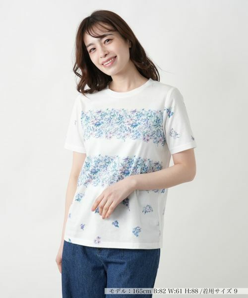 Leilian/レリアン プリントクルーネックカットソー スカイブルー 11(L)