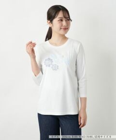 Leilian / レリアン カットソー | フラワーモチーフ七分袖カットソー