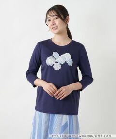 Leilian / レリアン カットソー | フラワーモチーフ七分袖カットソー