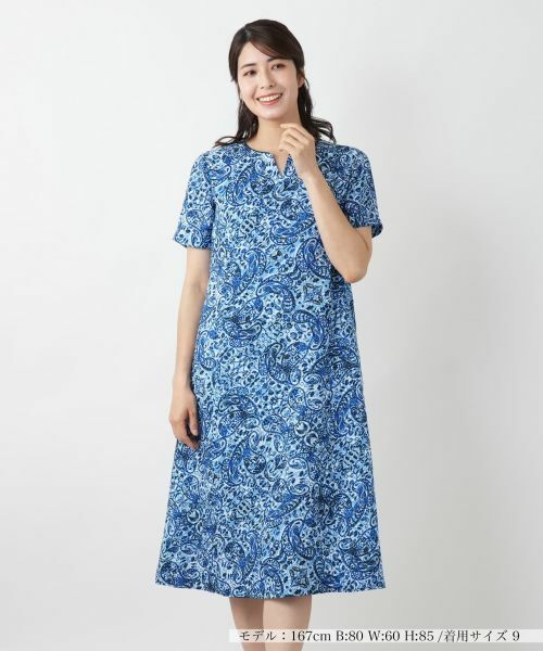 Leilian/レリアン ペイズリーキーネックワンピース セルリアンブルー 13(XL)
