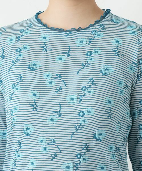 Leilian / レリアン 花柄刺繍ボーダーカットソー【Leilian WHITE LABEL】 花柄刺繍ボーダーカットソー【Leilian WHITE LABEL】|レリアン
