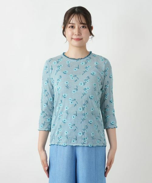 Leilian / レリアン 花柄刺繍ボーダーカットソー【Leilian WHITE LABEL】 刺繍クルーネックカットソー【Leilian WHITE LABEL】|レリアン
