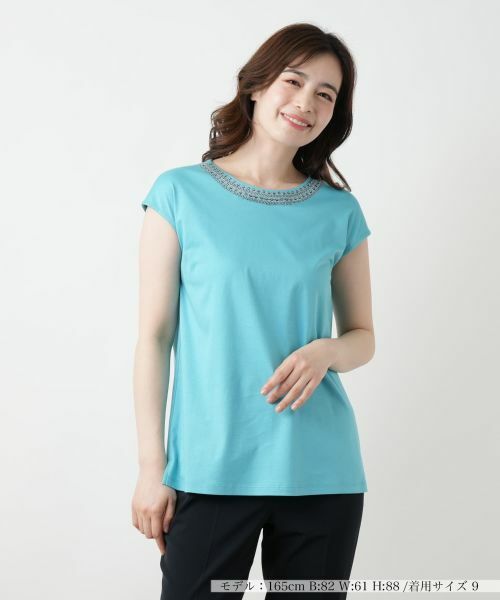 Leilian/レリアン 刺繍フレンチスリーブカットソー【Leilian WHITE LABEL】 ピーコックグリーン 11(L) Leilian/レリアン 刺繍フレンチスリーブカットソー【Leilian WHITE LABEL】 ピーコックグリーン 11(L)