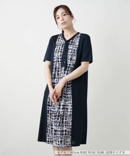 Leilian / レリアン ドレス | 幾何学切替フレアワンピース【Leilian WHITE LABEL】(ネイビー)