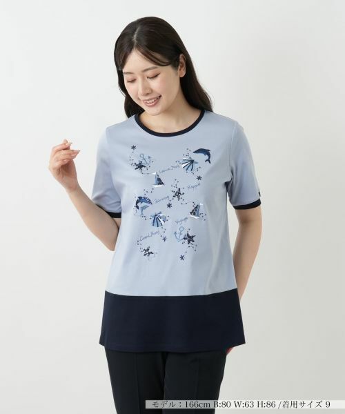 Leilian / レリアン カットソー | スパンコール刺繍カットソー(サックスブルー)