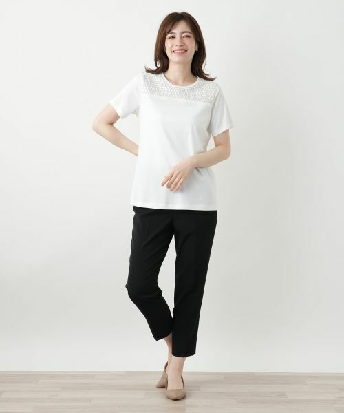 タグ付 レリアン Leilian 半袖 カットソー レース 切替 13+ レース切替カットソー【Leilian WHITE LABEL】|レリアン プラス