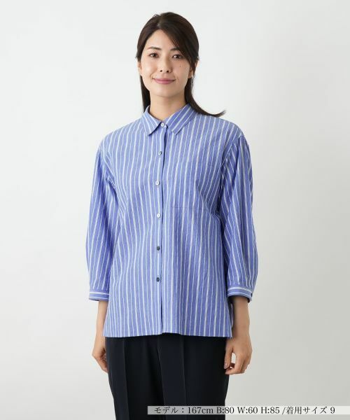 Leilian / レリアン シャツ・ブラウス | ストライプ七分袖ブラウス【Leilian WHITE LABEL】(コバルトブルー)