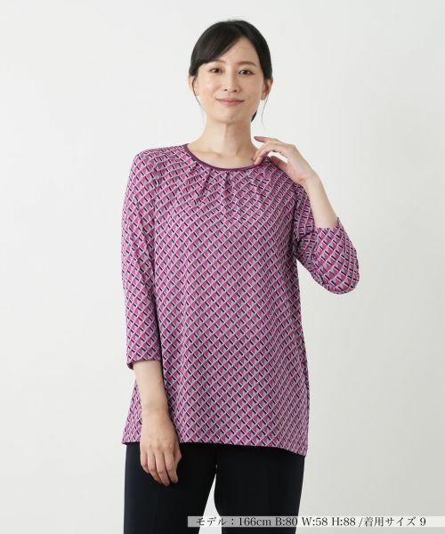 Leilian/レリアン 幾何学柄クルーネックカットソー ピンク系 9(M)