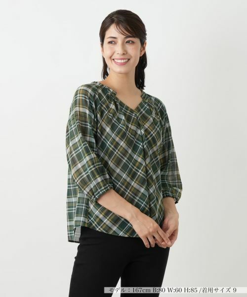 Leilian/レリアン チェックフレアブラウス グリーン系 11(L)