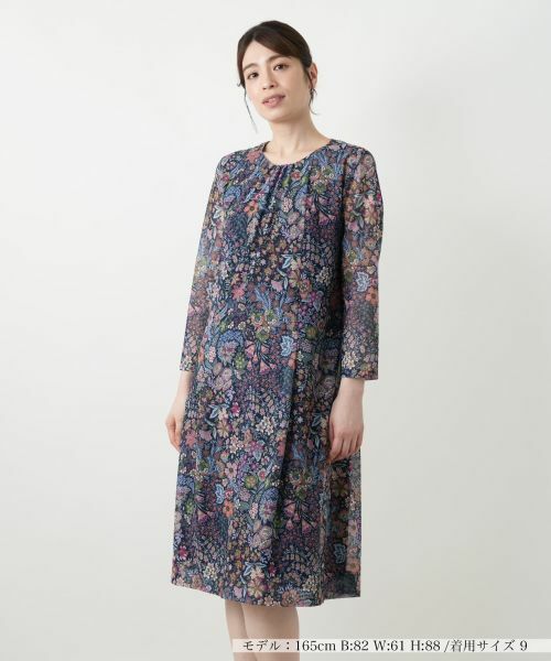 Leilian / レリアン ドレス | 洗えるプリントフレアワンピース【BINDA】【パワーネット素材】(ネイビー)