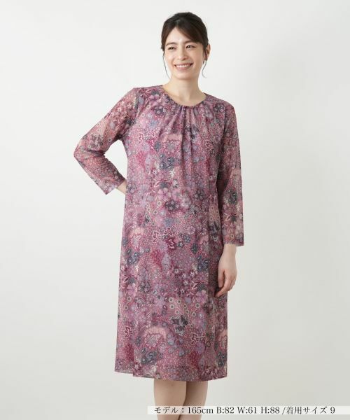 Leilian / レリアン ドレス | 洗えるプリントフレアワンピース【BINDA】【パワーネット素材】(レッド)