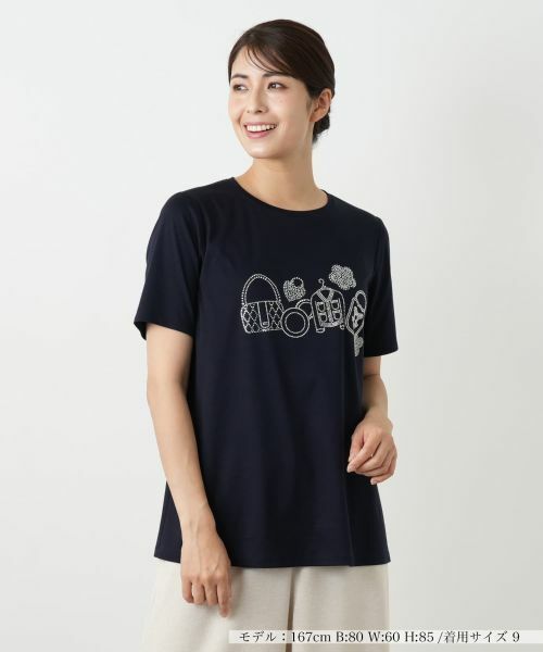 Leilian / レリアン Tシャツ | ラインストーンカットソー【Leilian WHITE LABEL】(ネイビー)