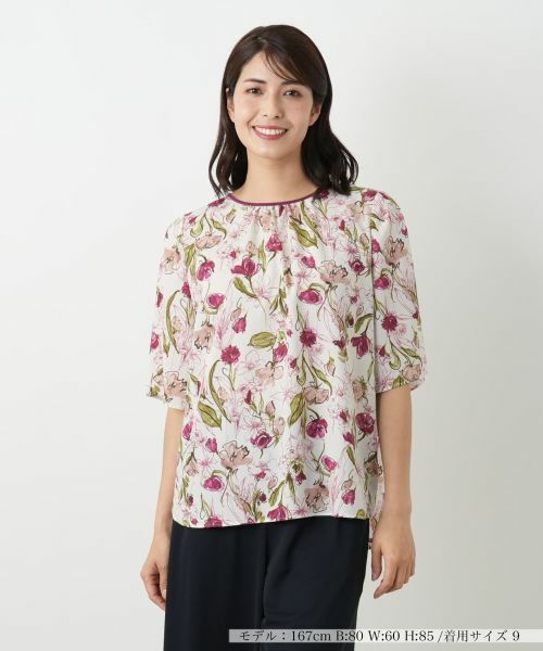フラワー柄スモックブラウス【Leilian WHITE LABEL】 （シャツ