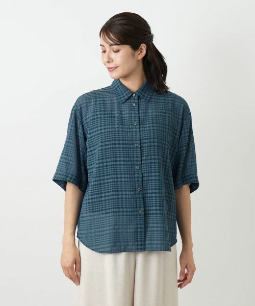 sacai フレア Aライン シアーブラウス チェックシャツ ホワイト mao made｜2WAY ブラウス 長袖 Aライン ギャザー シアー 透け感