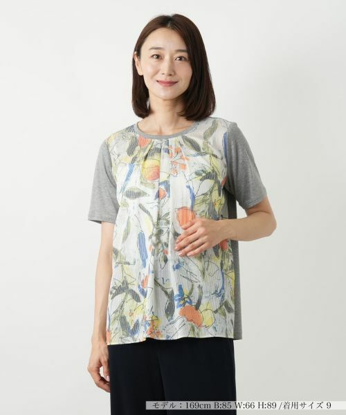 Leilian / レリアン カットソー | プリント切替カットソー【MUSE BY ROCHAS Premiere】(グリーン系)