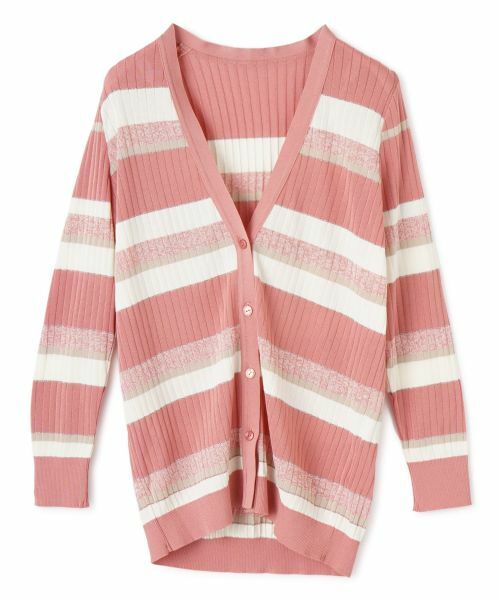 Leilian / レリアン カーディガン・ボレロ | ボーダーVネックニットカーディガン【ROCHAS Premiere】(ピンク系)